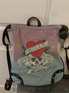 Ed Hardy Pink to Aqua Ombre Drawstring Backpack with Heart Skull Graphic